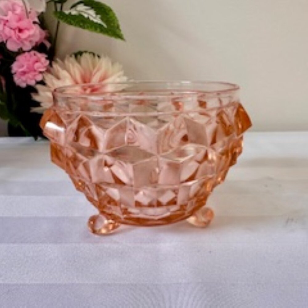 Pink Whitehall Cubist Footed Glass Bowl Vintage Depression‎ Style Peach Glass